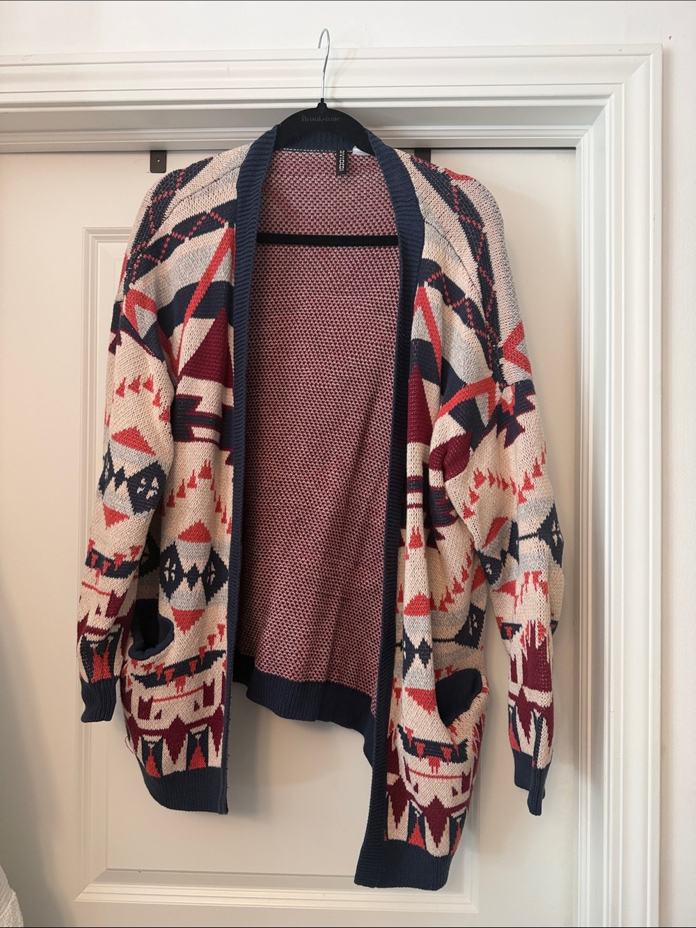 100% Cotton Open-Front Geometric Pattern Cardigan Sweater - Cream, Navy & Red